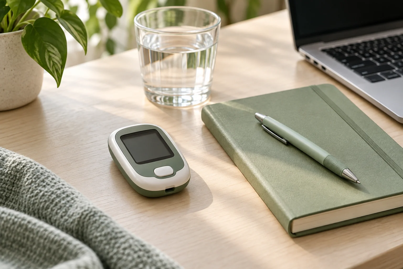 Глюкометр и блокнот для записей перед онлайн-консультацией эндокринолога